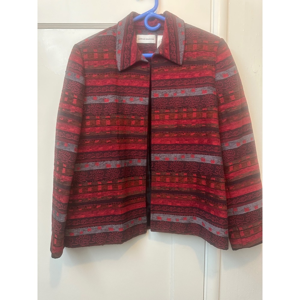 Alfred Dunner Womens 16 Red Paisley Tapestry Beaded Open Front Jacket Blazer